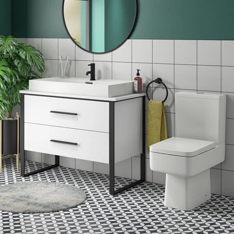 Arezzo 1000 Gloss White Matt Black Framed Vanity Unit + Square Toilet 1 Arezzo 1000 Gloss White Matt Black Framed Vanity Unit + Square Toilet