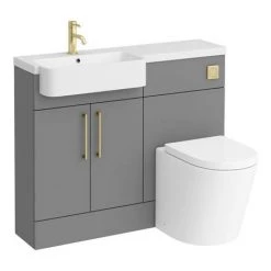 Arezzo 1100 Matt Grey Semi-Recessed Round Combination Vanity Unit (Brushed Brass Flush & Handles) -Bathroom Suites Sales AZ11GBB d6 460