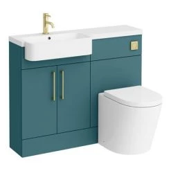 Arezzo 1100 Matt Green Semi-Recessed Round Combination Vanity Unit (Brushed Brass Flush & Handles) -Bathroom Suites Sales AZ11TGBB n d6 460