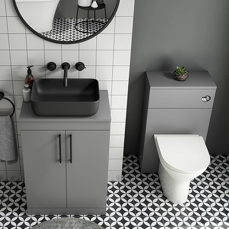 Arezzo 600 Grey Floor Standing Unit with Black Rectangular Counter Top Basin + Toilet Pack 1 Arezzo 600 Grey Floor Standing Unit with Black Rectangular Counter Top Basin + Toilet Pack