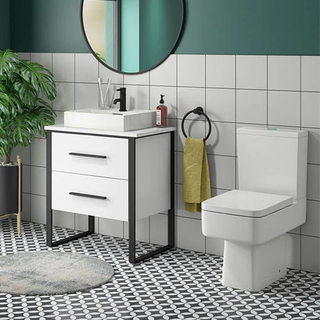Arezzo 600 Gloss White Matt Black Framed Vanity Unit + Square Toilet 1 Arezzo 600 Gloss White Matt Black Framed Vanity Unit + Square Toilet