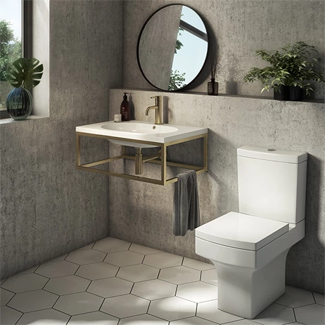Arezzo 700 Wall Hung Basin with Brushed Brass Frame + Square Toilet 1 Arezzo 700 Wall Hung Basin with Brushed Brass Frame + Square Toilet
