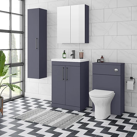 Arezzo Blue Floor Standing Vanity Unit, Tall Cabinet + Toilet Pack with Black Handles 1 Arezzo Blue Floor Standing Vanity Unit, Tall Cabinet + Toilet Pack with Black Handles