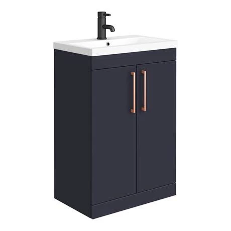 Arezzo Blue Floor Standing Vanity Unit, Tall Cabinet + Toilet Pack with Rose Gold Handles 2 Arezzo Blue Floor Standing Vanity Unit, Tall Cabinet + Toilet Pack with Rose Gold Handles - Image 2