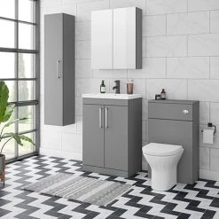Arezzo Grey Floor Standing Vanity Unit, Tall Cabinet + Toilet Pack with Chrome Handles