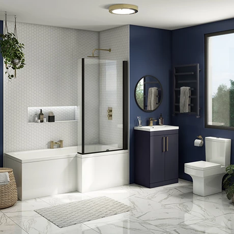 Arezzo L-Shaped Shower Bath Suite - 1700mm with Blue Vanity Unit + Square Toilet 1 Arezzo L-Shaped Shower Bath Suite - 1700mm with Blue Vanity Unit + Square Toilet