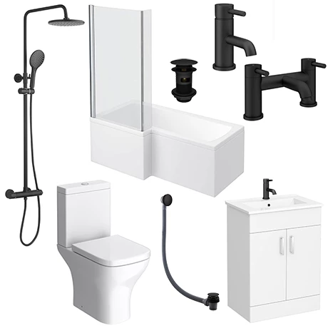 Arezzo Matt Black Complete Modern Bathroom Package (incl. L-Shaped Bath) 1 Arezzo Matt Black Complete Modern Bathroom Package (incl. L-Shaped Bath)