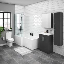 Brooklyn Gloss Grey L Shaped Bath Suite (with Vanity + Tall Cabinet)