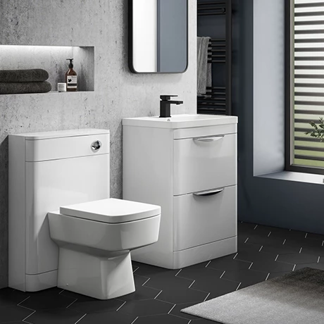 Monza Gloss White Floor Standing Sink Vanity Unit + Square Toilet Package 1 Monza Gloss White Floor Standing Sink Vanity Unit + Square Toilet Package