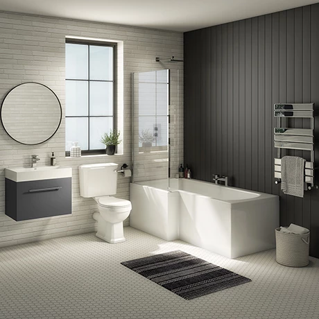 Valencia Bathroom Suite (Toilet, Grey Vanity with Chrome Handle, L-Shaped Bath + Screen) 1 Valencia Bathroom Suite (Toilet, Grey Vanity with Chrome Handle, L-Shaped Bath + Screen)