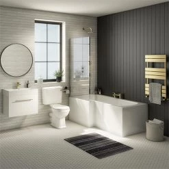 Valencia Bathroom Suite (Toilet, White Vanity with Brass Handle, L-Shaped Bath + Screen)