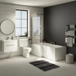 Valencia Bathroom Suite (Toilet, White Vanity with Chrome Handle, L-Shaped Bath + Screen)